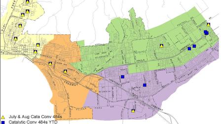 Crime Analysis Unit map depicts all catalytic converter thefts from January to August 14, 2012. The blue boxes on the map depict all incidents since January and the blue boxes with yellow triangles depict incidents since July 1.