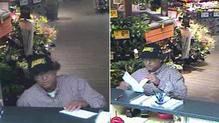 A robbery suspect is shown in surveillance images at a U.S. Bank branch inside a Vons store on the 6000 block of Telegraph Road on Thursday, Aug. 16, 2012.