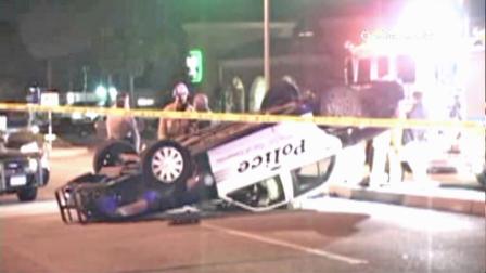 A sheriff deputys patrol car is seen after it flipped over in Camarillo on Saturday, September 1, 2012. The deputy escaped the crash uninjured.