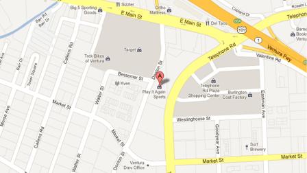 A map shows Play It Again Sports near Telephone Road and E. Main Street in Ventura where a 26-year-old man was arrested for attempting to pawn a stolen surfboard on Monday, Sept. 17, 2012.