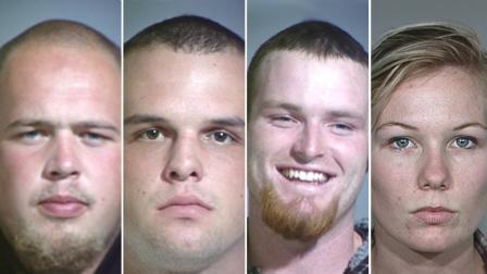 Kirk Smets (left), 19, Andrew Martin (center left), 20, Forrest Darrough (center right), 20, and Mya Braschler (far right), 20, all of Ventura, were arrested Wednesday, Dec. 12, 2012.