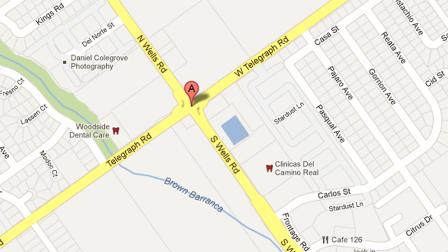 A map shows the intersection of Telegraph Road and Wells Road in Ventura, where two drivers collided head-on on Saturday, Dec. 22, 2012.