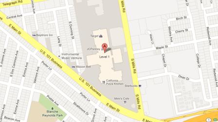 A map indicates the Pacific View Mall in Ventura, where police said person was injured after jumping from a second-floor balcony on Sunday, Dec. 23, 2012.