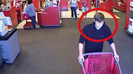 A surveillance image from a Target store at 4200 E. Main St. in Ventura highlights a suspect wanted for stealing a wallet from a local Ventura-area church and going on a shopping spree at various stores across the county.