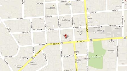 A map indicates the area near the 130 block of West Ojai Avenue in the city of Ojai where a robbery suspect held up an employee at Starr Market on Sunday, April 21, 2013.
