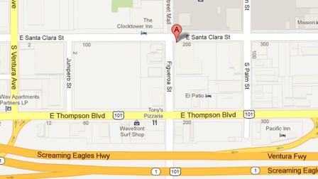 A map shows the 200 block of East Santa Clara Street in Ventura, where a bar fight involving numerous people left one man with a minor stab wound on Sunday, April 28, 2013. One suspect was arrested.