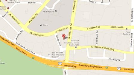 A Google Maps image indicates the area of Thousand Oaks where Eric Denmark, Spencer Thomas and Khristina Mancilla are suspected of robbing a bank Tuesday, July 2, 2013.