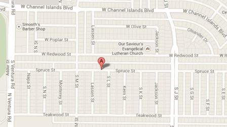 This Google Maps image indicates the location of a backyard of a home in the 1100 block of Spruce Street in Oxnard where a man was arrested on an outstanding warrant on Friday, July 12, 2013.