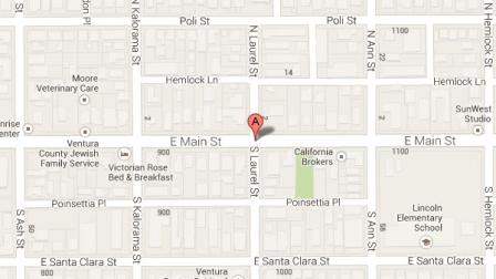 A map shows the intersection of Main and Laurel streets in Ventura.