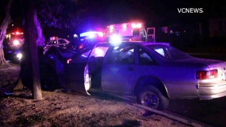 Three armed robbery suspects led police on a brief pursuit before they crashed into a tree in the 300 block of South E Street in Oxnard Saturday, Dec. 28, 2013.