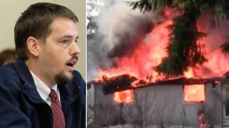 (left) Josh Powell, the husband of missing Utah woman Susan Powell, speaks in court Wednesday, Sept. 28, 2011, in Tacoma, Wash. (right) A Washington home is seen on fire, believed to be set by Josh Powell, killing him and his sons on Sunday, Feb. 5, 2012.