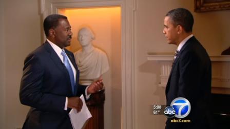 President Barack Obama meets with ABC7 anchor Marc Brown in The White House on Monday, March 12, 2012.