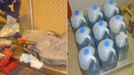 Nine containers of liquid meth holding a total of 8.5 gallons (66 pounds) of the drug were hidden in a modified fuel tank.