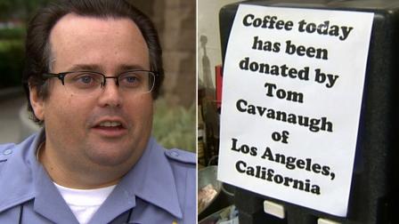A sign at the Newton General Store indicates the coffee donation made by Tom Cavanaugh of Los Angeles on Monday, Dec. 17, 2012.
