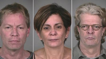 This combo made from photos provided by the Indianapolis Metropolitan Police Department shows from left, Mark Leonard, 43, his wife, Shirley Leonard, 43, and his brother, Bob Leonard, 54, all of Indianapolis, who were arrested Friday, Dec. 21, 2012.