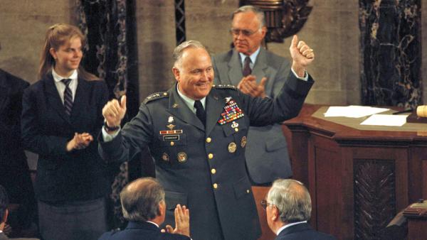 Gen. Norman Schwarzkopf, commander of Operation Desert Storm, gestures during a ceremony in his honor on Capitol Hill in Washington, Wedesday, May 8, 1991. Schwarzkopf died on Thursday, Dec. 27, 2012, in Tampa, Fla., at the age of 78.