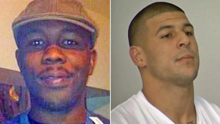 (Left) This Dec. 25, 2012 file photo shows Odin Lloyd, 27, whose body was found Monday, June 17, 2013 in North Attleborough, Mass. (Right) Ex-New England Patriots player Aaron Hernandez appears at an arraignment Wednesday, June 26, 2013.