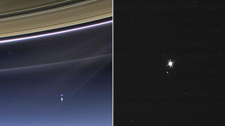 These images show views of Earth and the moon from NASAs Cassini (left) and MESSENGER spacecraft (right) from July 19, 2013.