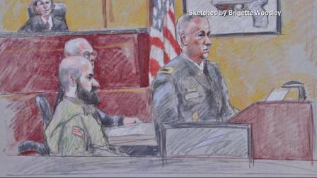 A court sketch shows Maj. Nidal Hasan (sitting left) during the Fort Hood trial.