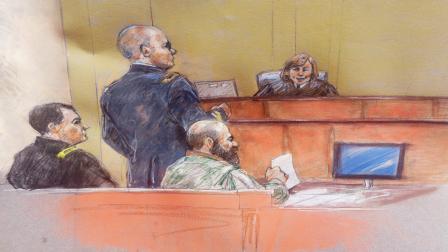 In this courtroom sketch, Maj. Nidal Hasan, second from right, sits with his standby defense attorneys as presiding judge Col. Tara Osborn looks on, during Hasans trial Thursday, Aug. 8, 2013, in Fort Hood, Texas.