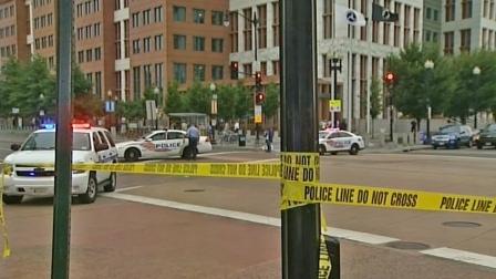 A heavy police presence near the scene of a shooting at the Washington D.C. Navy Yard on Monday, Sept. 16, 2013.