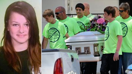 Pallbearers wearing anti-bullying t-shirts carry the casket of Rebecca Sedwick (seen in a class photo on the left), 12, to a waiting hearse as they exit the Whidden-McLean Funeral Home Monday, Sept. 16, 2013, in Bartow, Fla.