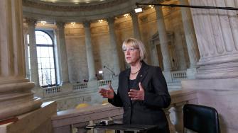 Senate Budget Committee Chairwoman Patty Murray, D-Wash. discusses the compromise spending plan during a television news interview on Capitol Hill in Washington, Wednesday, Dec. 18, 2013.