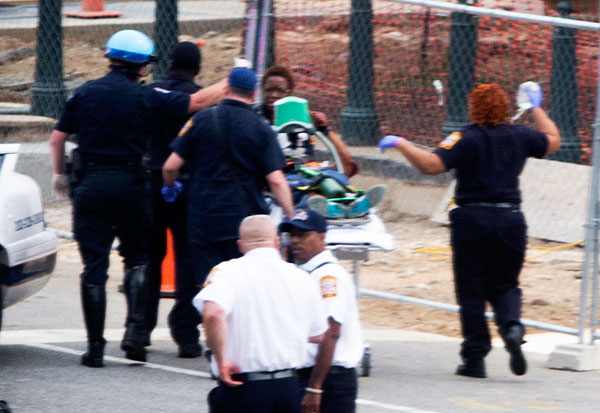 Emergency personal wheel off an injured person...