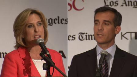 Los Angeles mayoral candidates Wendy Greuel (left) and Eric Garcetti (right) took part in a debate at the University of Southern California on Sunday, May 5, 2013.