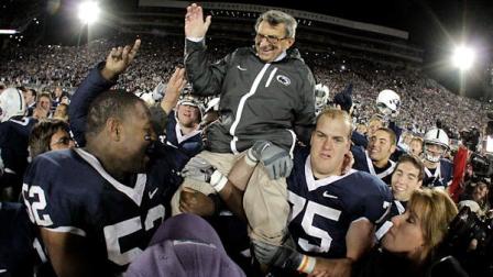 Penn State coach Joe Paterno is carried off the field by his players after getting his 400th collegiate win, defeating Northwestern 38-21, in an NCAA college football game in State College, Pa., Saturday, Nov. 6, 2010.