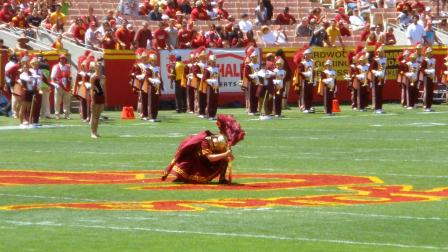 The USC Trojan Marching Band drum major is seen stabbing the field in this undated file photo.