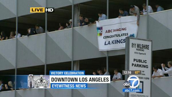 Los Angeles Kings fans gather for a parade celebrating the team's NHL hockey Stanley Cup championship in Los Angeles, Thursday, June 14, 2012.