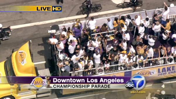 L.A. Lakers players rode on a customized flat-bed float, equipped with audio capabilities, which was intended to help mitigate pedestrian and traffic congestion.