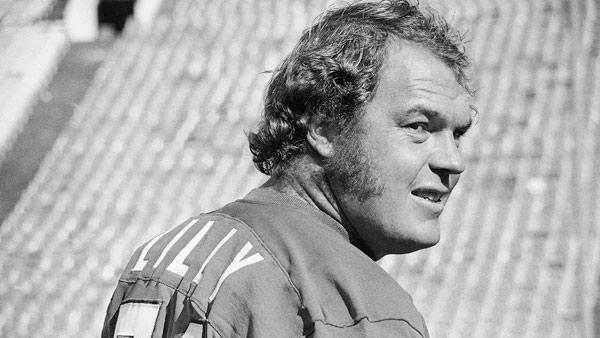 Merlin Olsen of the L.A. Rams models the jersey he'll be wearing for the AFC-NFC Pro Bowl game to be played in Dallas, Irving, Texas, Jan. 15, 1973.