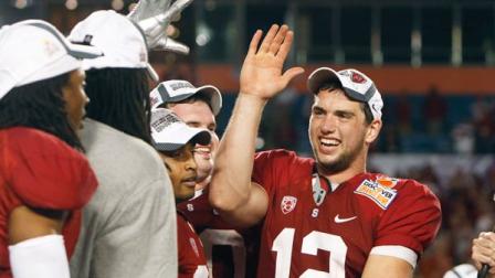 Stanford quarterback Andrew Luck (12) celebrates with teammates after Stanfords 40-12 victory over Virginia Tech in the Orange Bowl NCAA college football game in Miami, Monday, Jan. 3, 2011.
