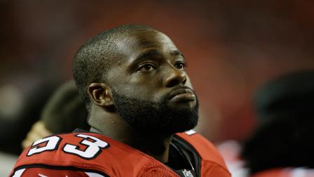 Atlanta Falcons linebacker Brian Banks (53) sits on the bench against the Cincinnati Bengals during the second half of a preseason NFL football game, Thursday, Aug. 8, 2013, in Atlanta.