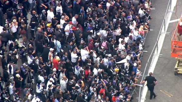 Los Angeles Kings fans crowded downtown L.A. to celebrate the team's first-ever Stanley Cup win with a victory parade on Thursday, June 14, 2012.