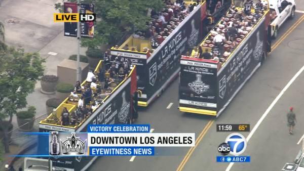The Los Angeles Kings players and their families get ready to roll down Figueroa Street in downtown Los Angeles to celebrate the team's first Stanley Cup win with a victory parade on Thursday, June 14, 2012.