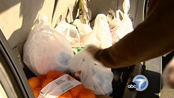 Plastic bags loaded into a trunk.