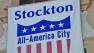A banner for the city of Stockton, Calif. is shown in this undated file photo.