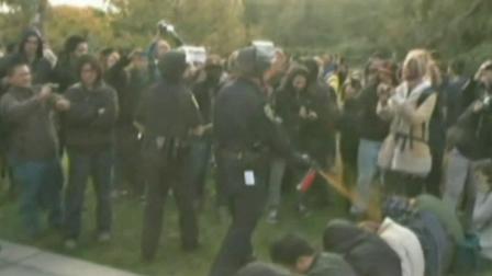 A police officer is shown pepper-spraying a group of sitting protesters at the University of California, Davis campus in this November image.