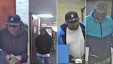 A bank robbery suspect dubbed the Tiger Bandit is shown in surveillance images from various bank robberies in Southern California.
