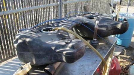 Authorities at the Otay Mesa passenger port of the U.S./Mexico border seized 46 lbs. of crystal meth on Tuesday, July 23, 2013, from a gas tank separated so one half would carry gasoline and the other half would carry narcotics.