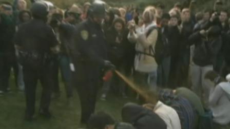 A police officer is seen pepper-spraying Occupy demonstrators at UC Davis in November 2011.