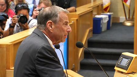 San Diego Mayor Bob Filner addresses the San Diego City Council after his resignation was accepted on Friday, August 23, 2013.