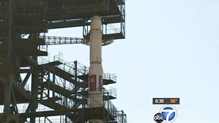 A long-range rocket belonging to North Korea is seen in this photo. The country is preparing to launch the rocket soon.