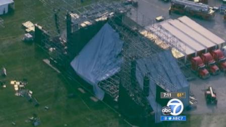 This aerial photo shows a collapsed stage at the site for a Radiohead concert at Downsview Park in Toronto on Saturday June 16, 2012.