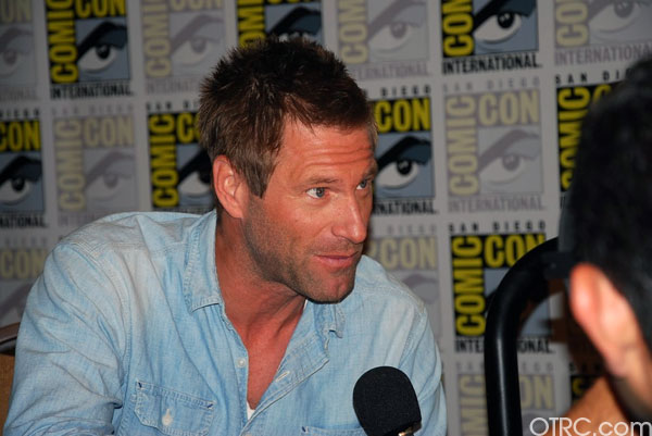 Actor Aaron Eckhart is seen at a panel for the...