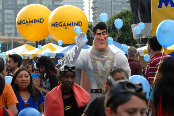 LOS ANGELES, CA - OCTOBER 02: Costumed superheroes join Will Ferrell and DreamWorks Animation as they suit up to take on the Guinness World Record for the Largest Gathering of Superheroes, in celebration of the release of 'Megamind' at L.A. LIVE on Octobe