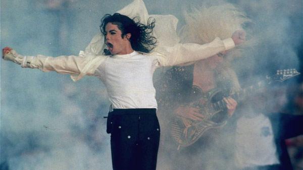 In this Jan. 31, 1993 file picture, Michael Jackson performs during the halftime show at the Super Bowl XXVII in Pasadena, Calif.